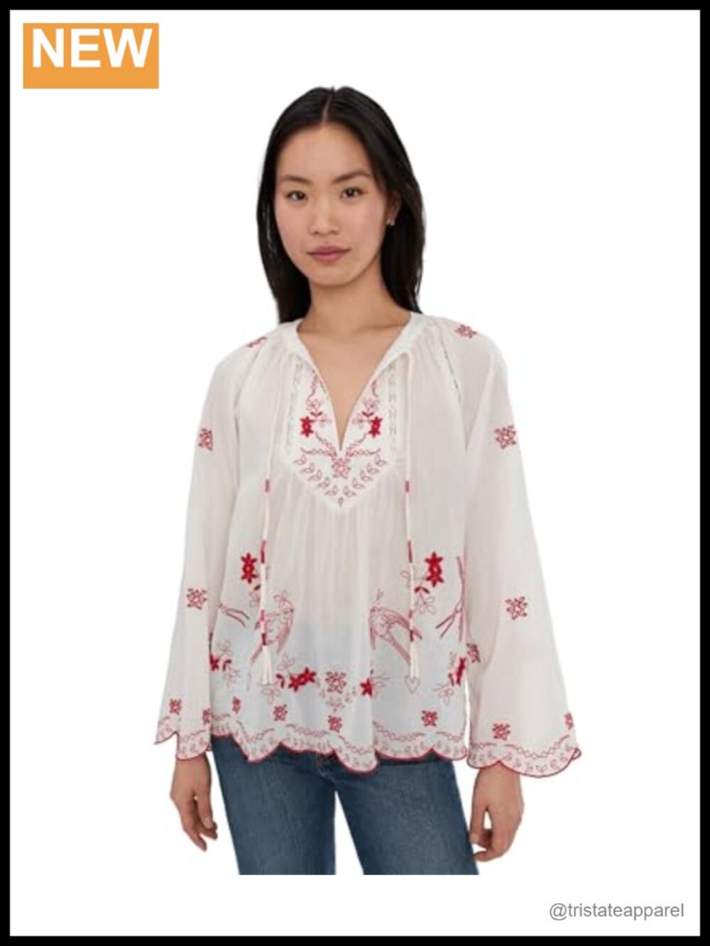 Johnny Was Laney Scallop Floral Blouse 100% Cotton Relaxed Fit